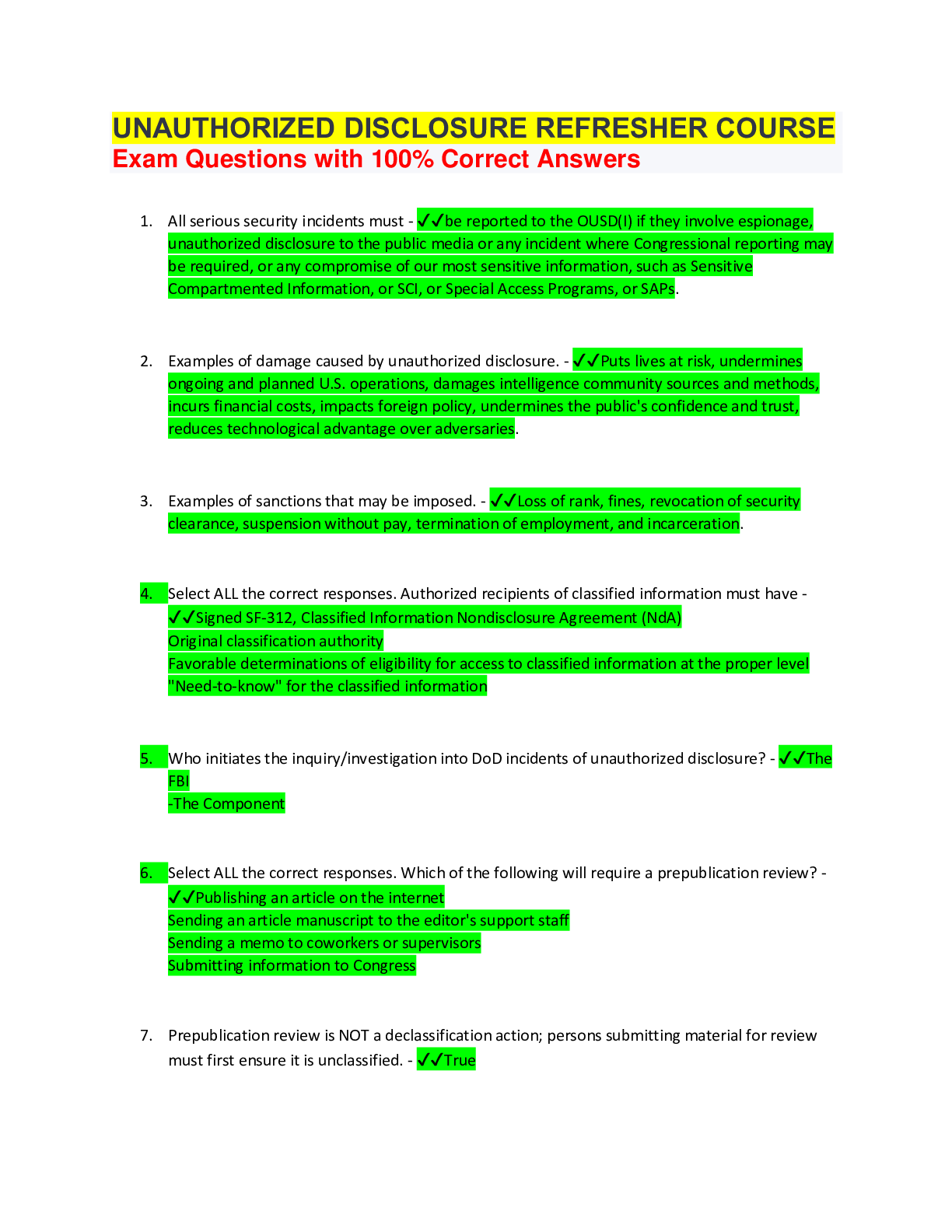 Preview image for UNAUTHORIZED DISCLOSURE REFRESHER COURSE Exam Questions with 100% Correct Answers